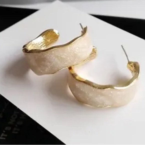 White Enamel Gold Hoops - Picture 3 of 11